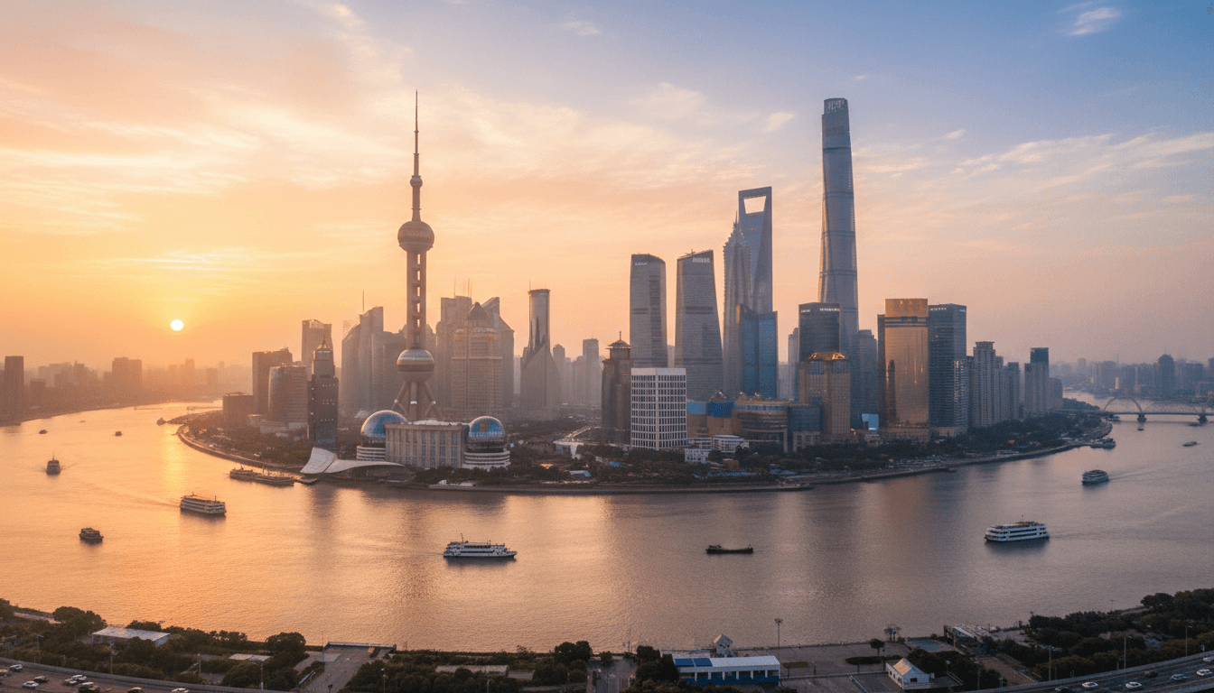Shanghai skyline with towering skyscrapers partly shrouded in misty morning light, conveying a dynamic and fast-paced business environment